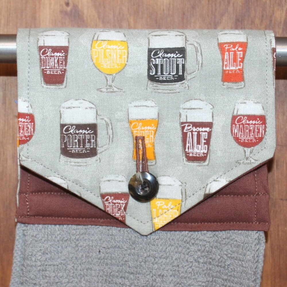 CRAFT BEER PRINT GRAY & BROWN HANDMADE HANGING KITCHEN TOWEL GRAY COTTON TOWEL